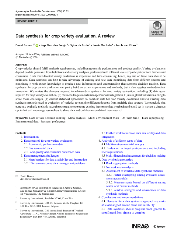 (PDF) Data synthesis for crop variety evaluation. A review