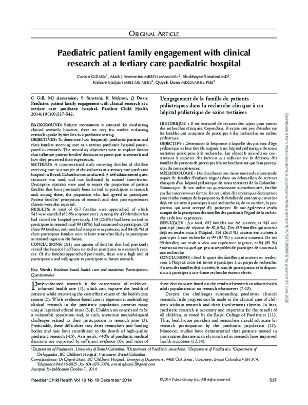 (PDF) Paediatric patient family engagement with clinical research at a ...