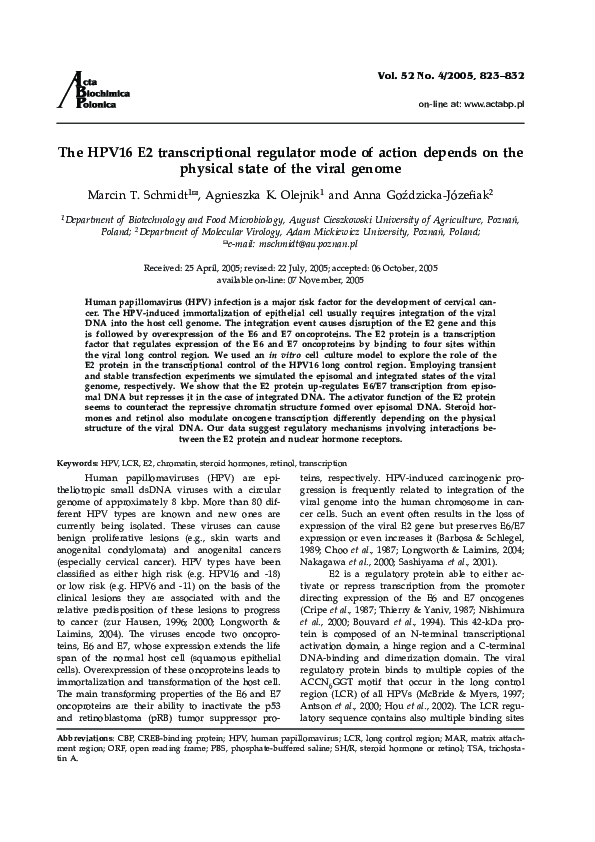 (PDF) The HPV16 E2 transcriptional regulator mode of action depends on ...