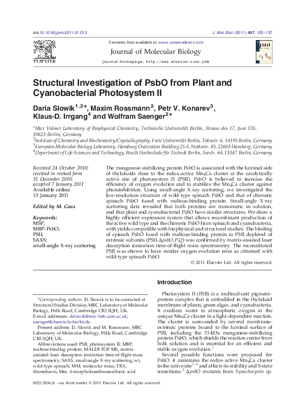 Structural Investigation of PsbO from Plant and Cyanobacterial ...