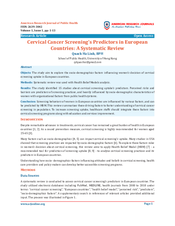 (PDF) Cervical Cancer Screening’s Predictors in European Countries: A ...