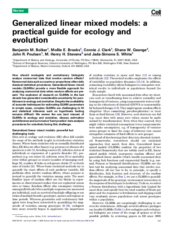 (PDF) Generalized linear mixed models: a practical guide for ecology ...