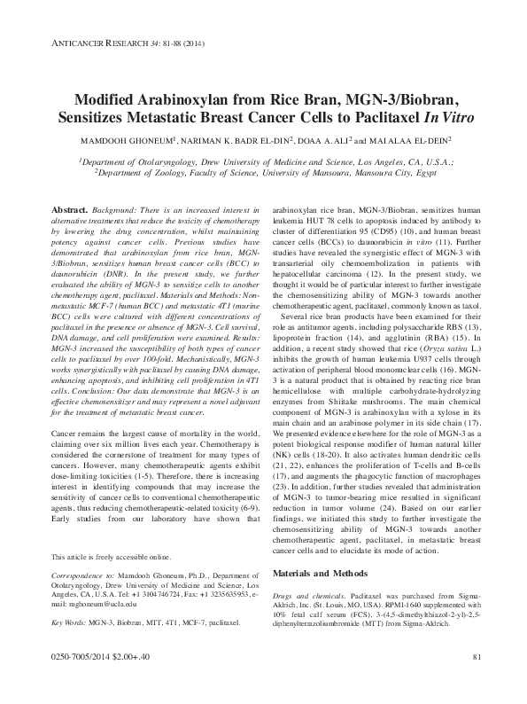 (PDF) Modified arabinoxylan from rice bran, MGN-3/biobran, sensitizes ...