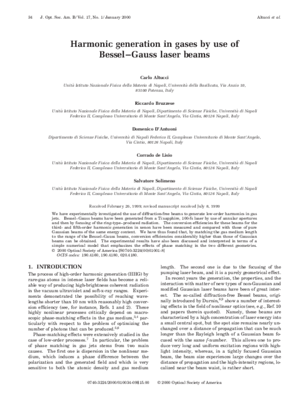 (PDF) Harmonic generation in gases by use of Bessel–Gauss laser beams