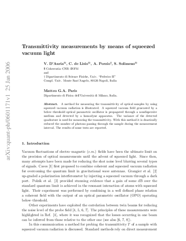 (PDF) Transmittivity measurements by means of squeezed vacuum light Salvatore Solimeno
