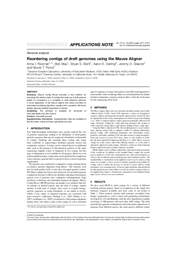 (PDF) Reordering contigs of draft genomes using the Mauve Aligner