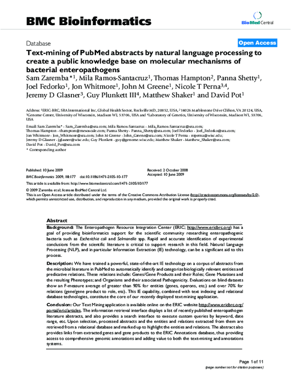 (PDF) Textmining of PubMed abstracts by natural language processing to