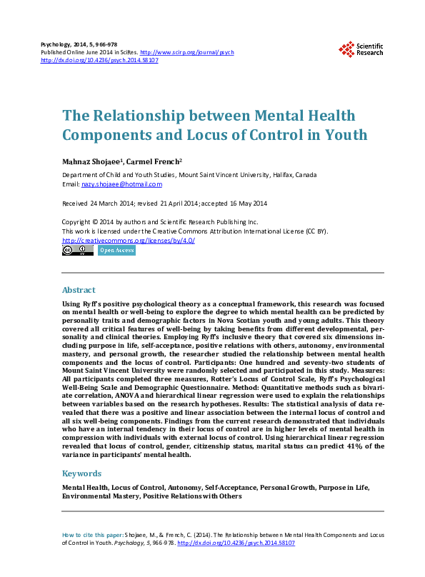 (PDF) The Relationship between Mental Health Components and Locus of ...