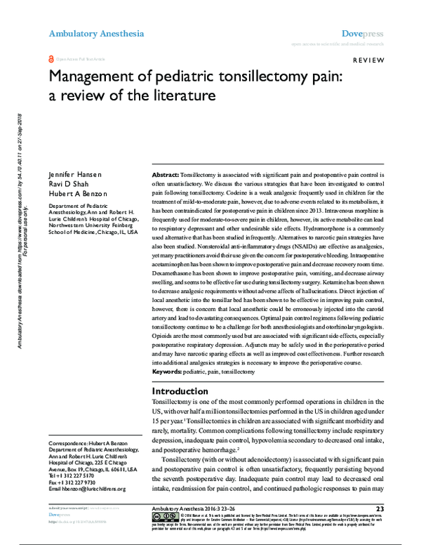 Pdf Management Of Pediatric Tonsillectomy Pain A Review Of The