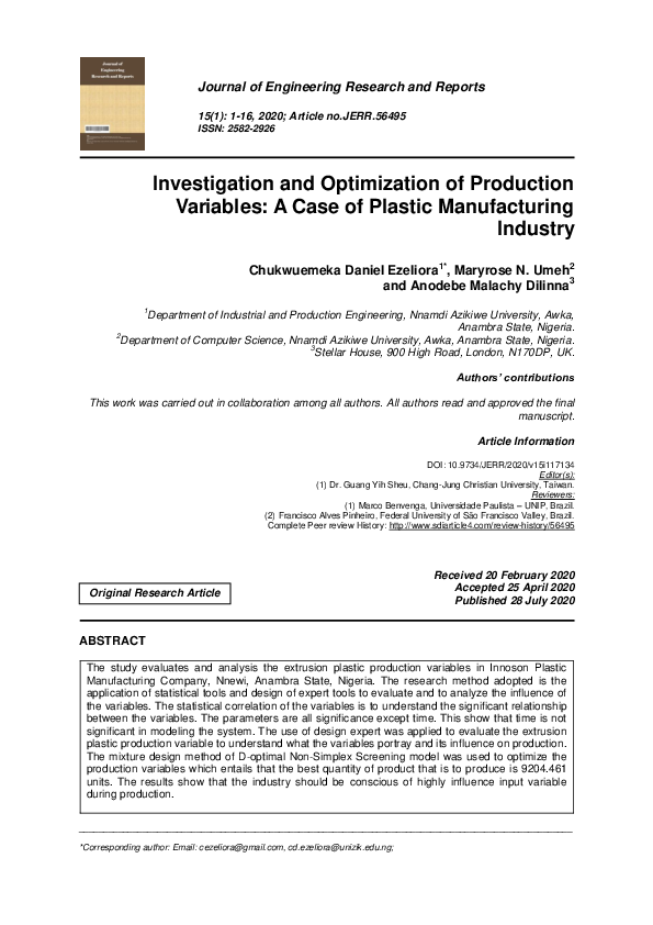 (PDF) Investigation and Optimization of Production Variables: A Case of ...