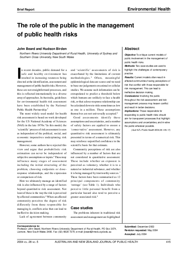 (PDF) The role of the public in the management of public health risks