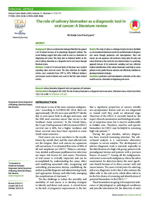 (PDF) The role of salivary biomarker as a diagnostic tool in oral ...