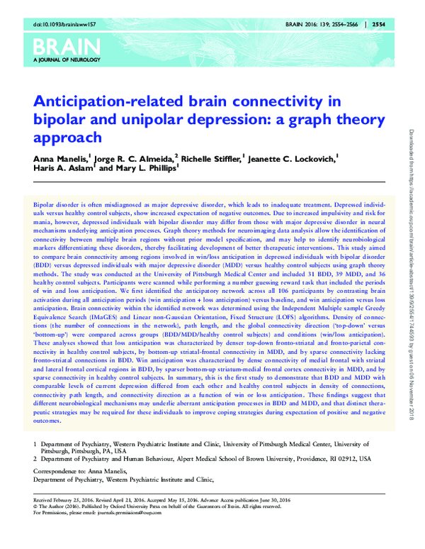 (PDF) Anticipation-related brain connectivity in bipolar and unipolar ...