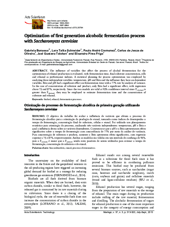 (PDF) Optimization of first generation alcoholic fermentation process ...