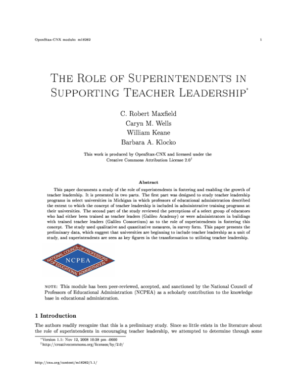 (PDF) The Role of Superintendents in Supporting Teacher Leadership: A ...