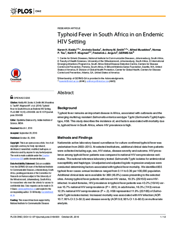 (PDF) Typhoid Fever in South Africa in an Endemic HIV Setting