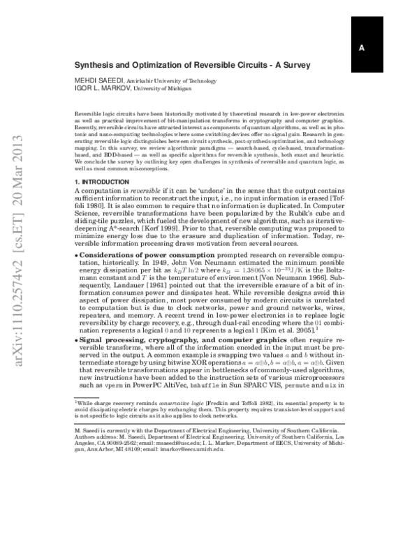 (PDF) Synthesis and optimization of reversible circuits—a survey