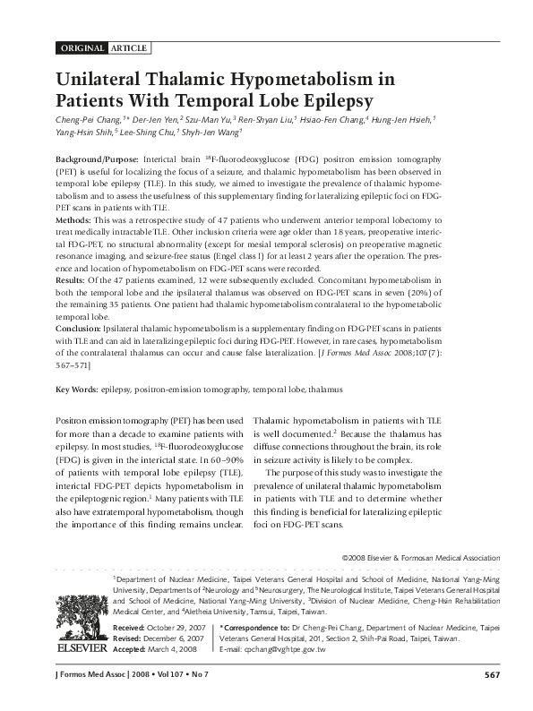 (PDF) Unilateral Thalamic Hypometabolism in Patients With Temporal Lobe ...