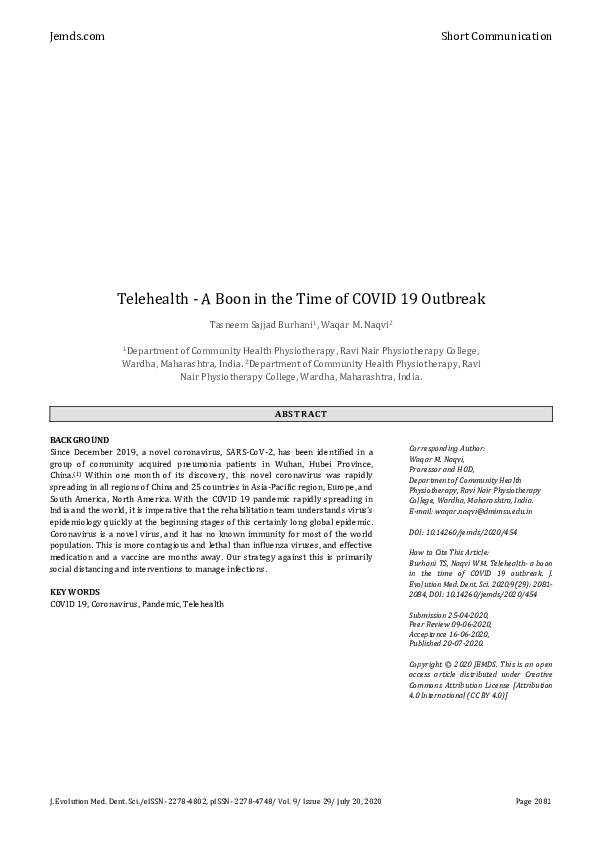 (PDF) Telehealth - A Boon in the Time of COVID 19 Outbreak