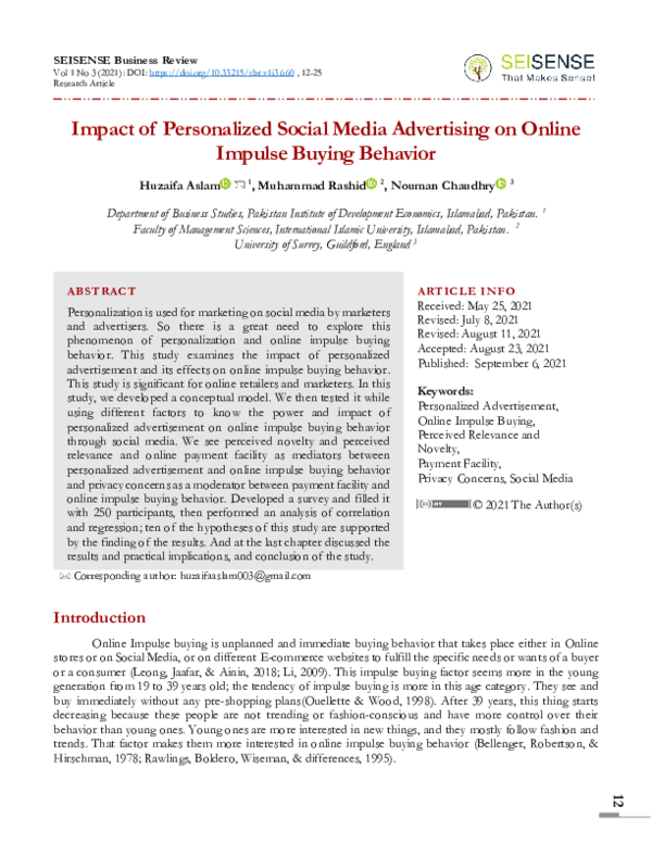 (PDF) Impact of Personalized Social Media Advertising on Online Impulse ...