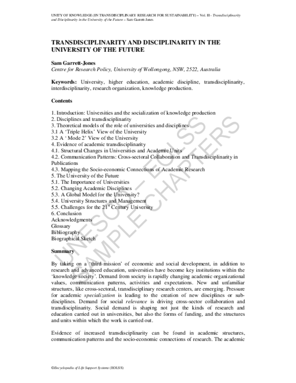 (PDF) Transdisciplinarity and Disciplinarity in the University of the ...