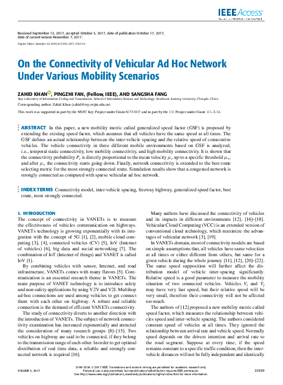 (PDF) On the Connectivity of Vehicular Ad Hoc Network Under Various ...