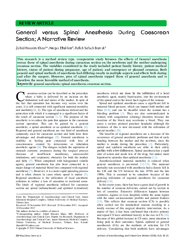 Pdf General Versus Spinal Anesthesia During Caesarean Section A