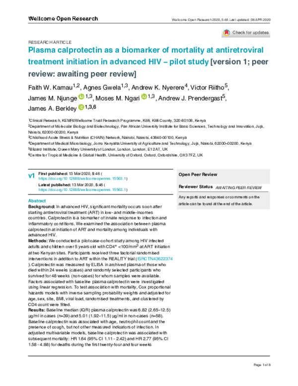 (PDF) Plasma calprotectin as a biomarker of mortality at antiretroviral ...