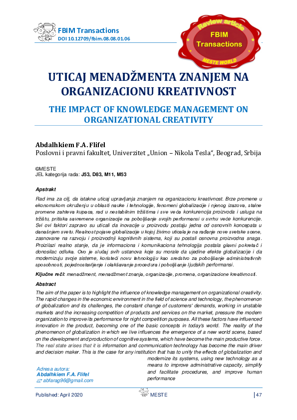(PDF) The Impact of Knowledge Management on Organizational Creativity