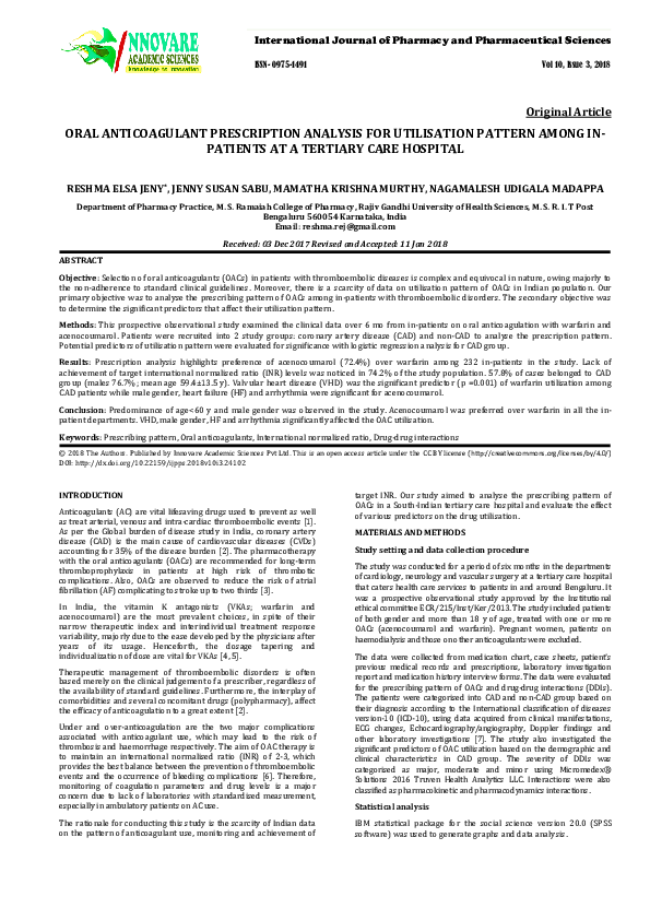 (PDF) Oral Anticoagulant Prescription Analysis for Utilisation Pattern ...
