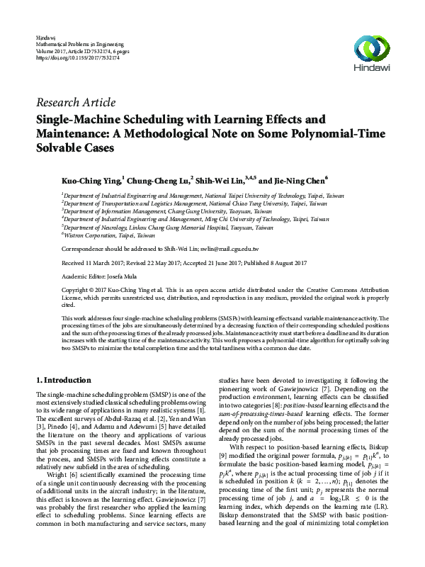 (PDF) Single-Machine Scheduling with Learning Effects and Maintenance ...