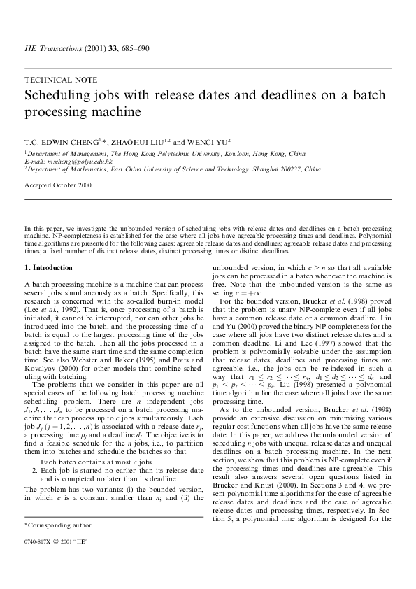 (PDF) Scheduling jobs with release dates and deadlines on a batch ...