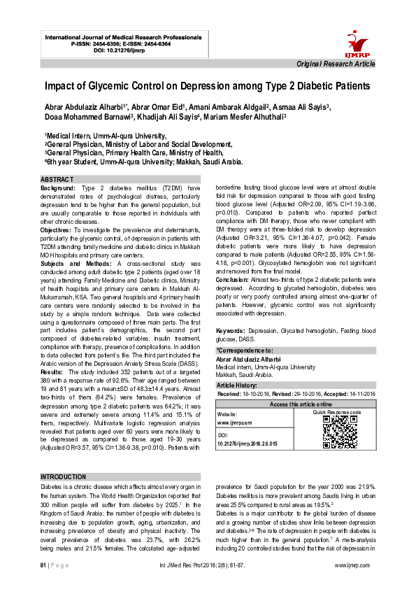 (PDF) Impact of Glycemic Control on Depression among Type 2 Diabetic ...