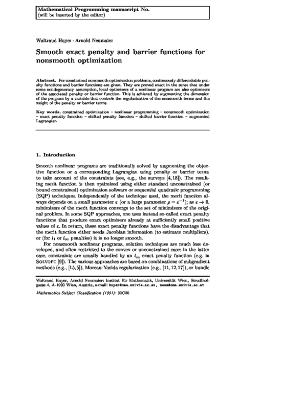 (PDF) Smooth Exact Penalty and Barrier Functions for Nonsmooth Optimization