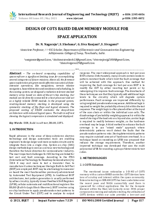 (PDF) IRJET DESIGN OF COTS BASED DRAM MEMORY MODULE FOR SPACE