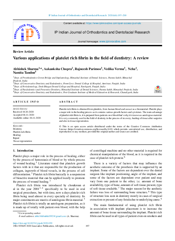 (PDF) Various applications of platelet rich fibrin in the field of ...