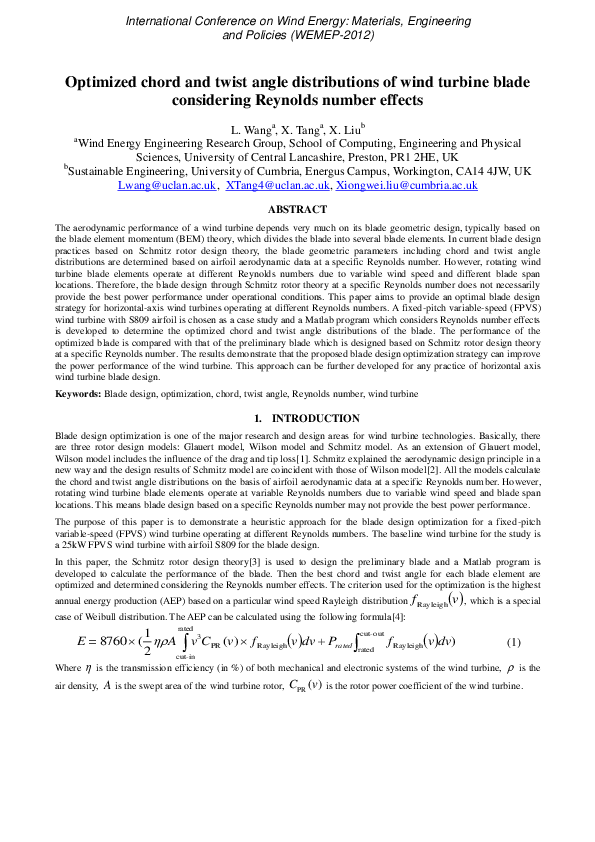 (PDF) Optimized chord and twist angle distributions of wind turbine ...
