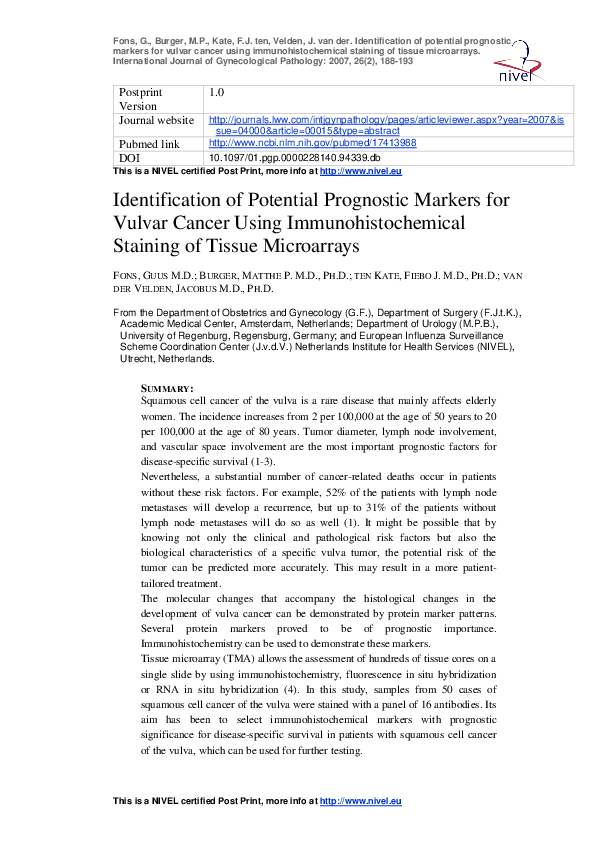(PDF) Identification of Potential Prognostic Markers for Vulvar Cancer ...