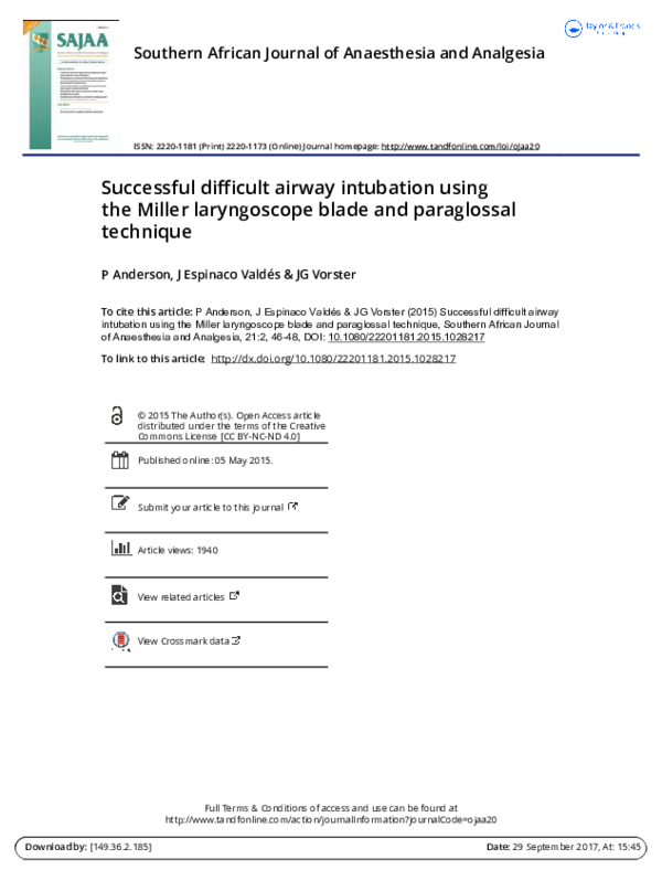 (PDF) Successful difficult airway intubation using the Miller laryngoscope blade and paraglossal