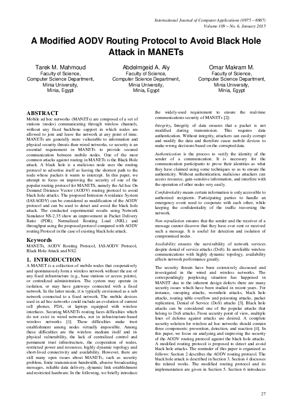 (PDF) A Modified AODV Routing Protocol to Avoid Black Hole Attack in MANETs