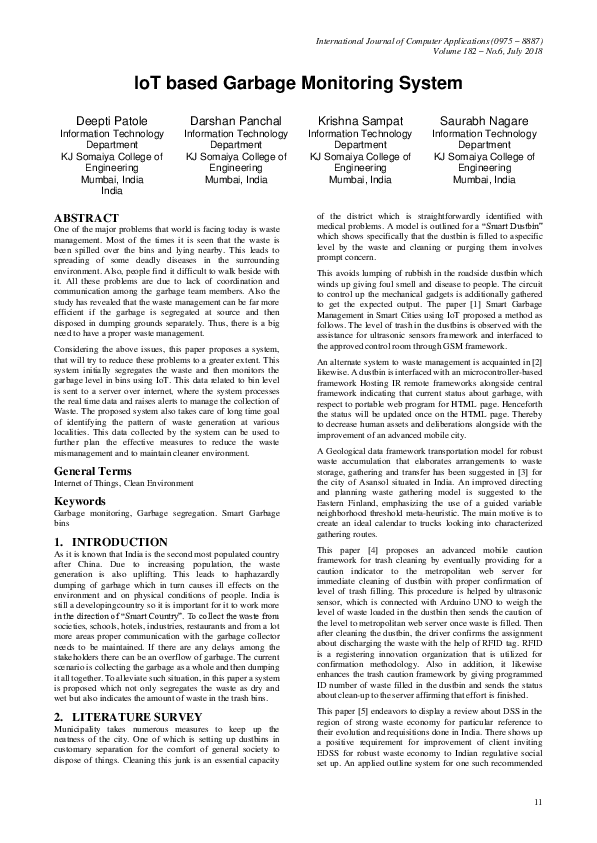(PDF) IOT Based Garbage Monitoring System