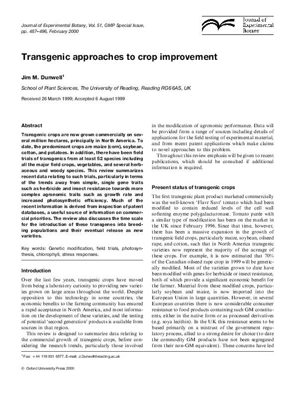 (PDF) Transgenic approaches to crop improvement