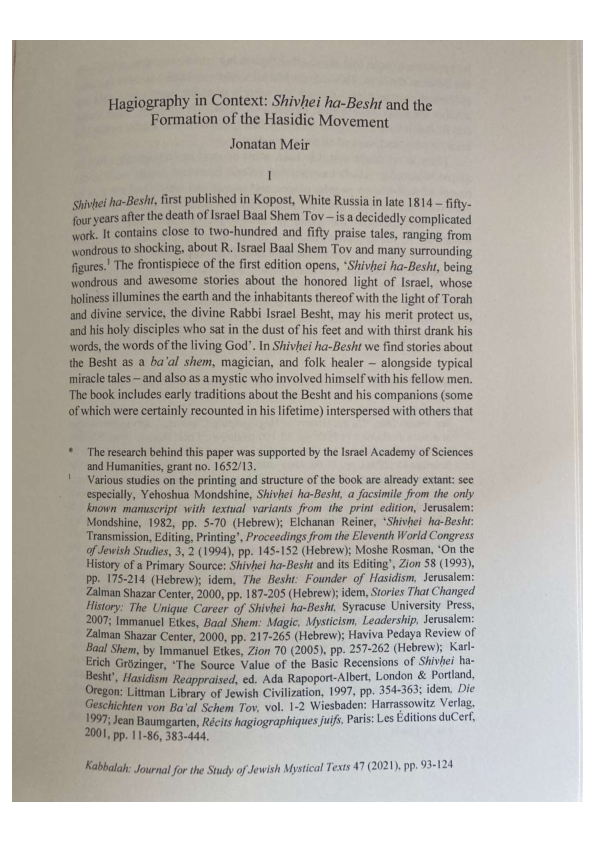 PDF) &lsquo;Hagiography in Context: Shivhei haBesht and the Formation of 