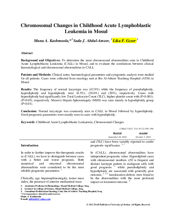 (PDF) Chromosomal Changes in Childhood Acute Lymphoblastic Leukemia in ...