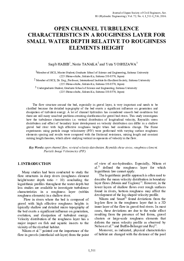 (PDF) Open Channel Turbulence Characteristics in a Roughness Layer for ...