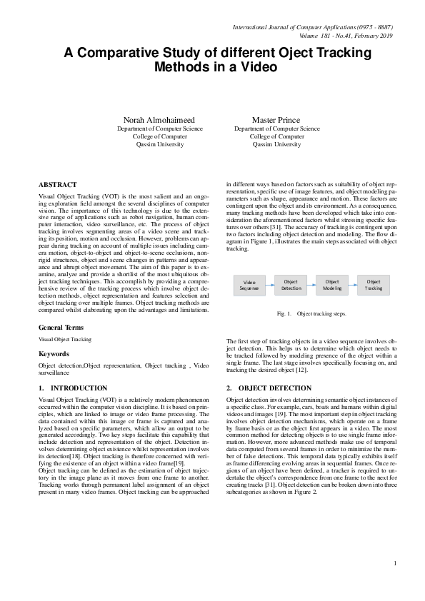 (PDF) A Comparative Study of different Oject Tracking Methods in a Video