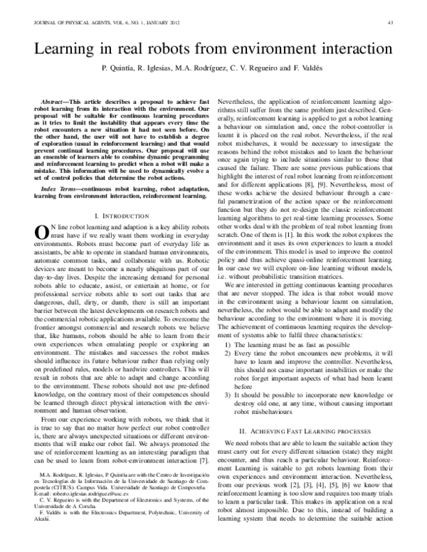 (PDF) Learning in real robots from environment interaction