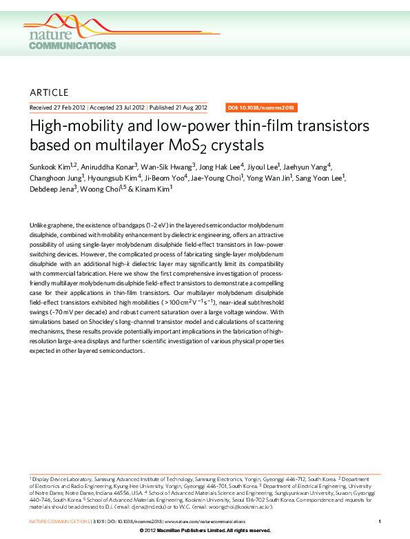 (PDF) High-mobility and low-power thin-film transistors based on ...