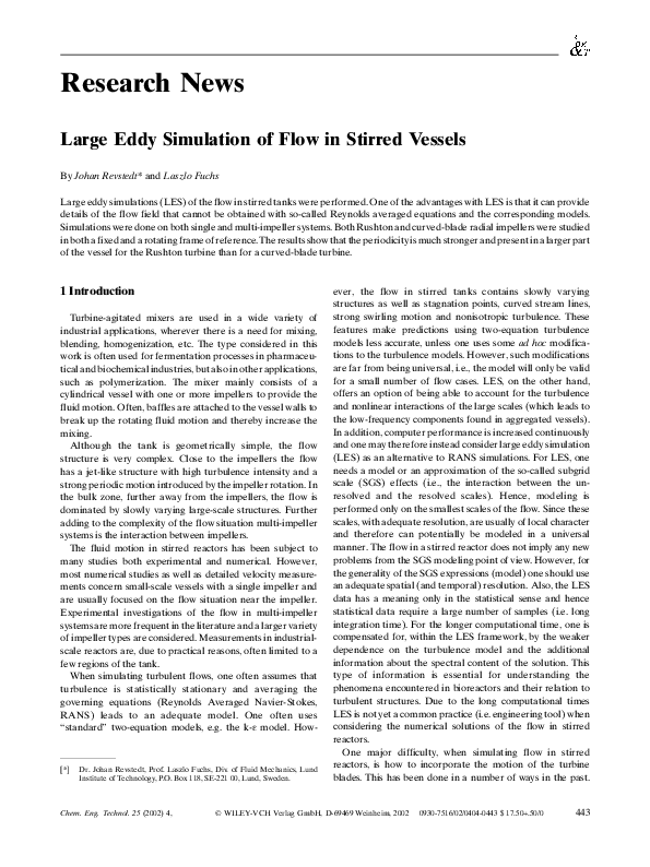 (PDF) Large Eddy Simulation of Flow in Stirred Vessels