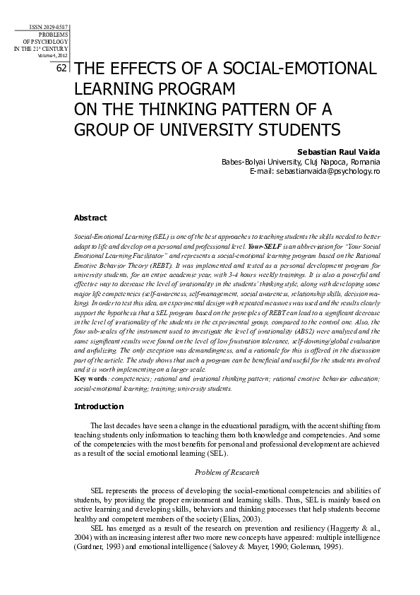 (PDF) The Effects of a Social Emotional Learning Program on the ...